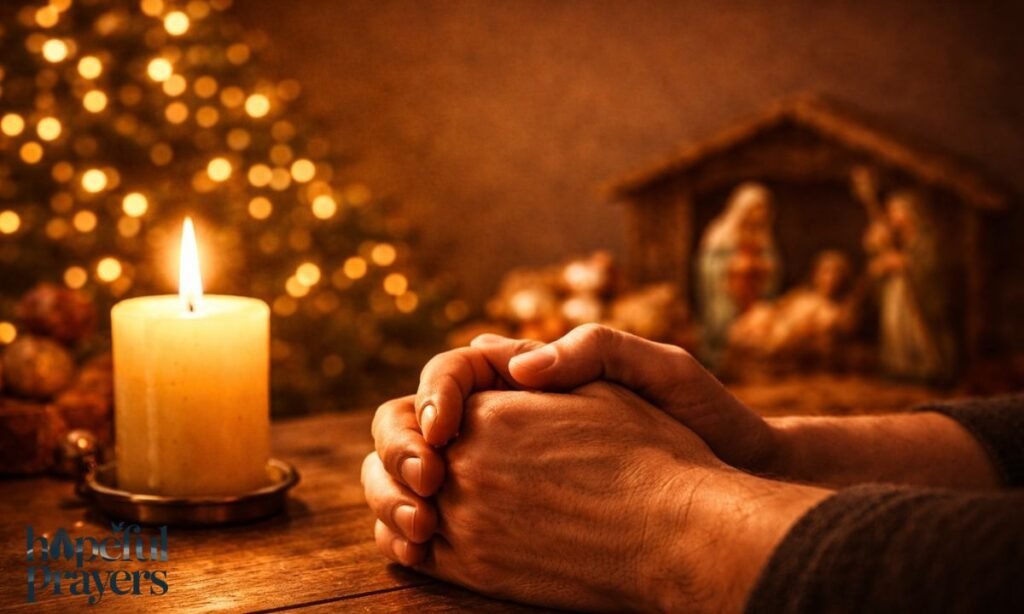 opening prayer for community Christmas party hands folded in prayer beside candle and nativity scene