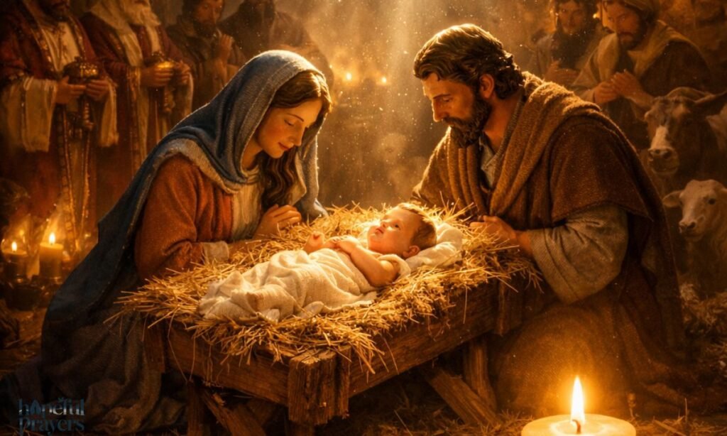 "prayer for remembering Christ's birth at Christmas event Mary and Joseph with baby Jesus in manger"