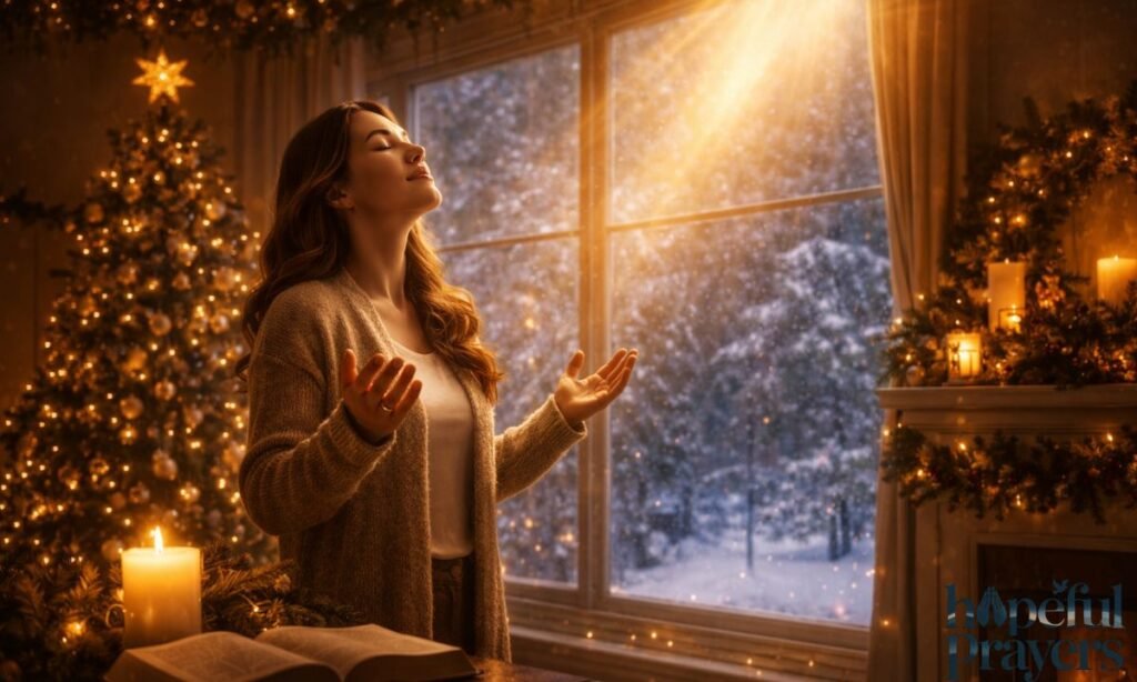 prayer for welcoming God's presence at Christmas gathering woman praying with hands raised in decorated home