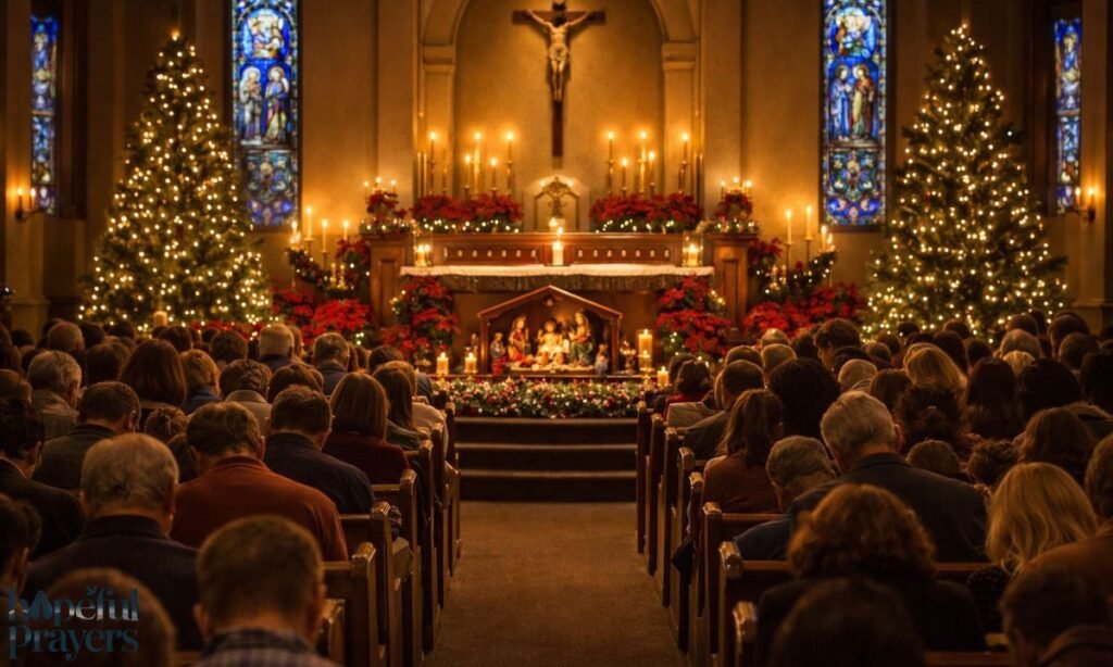 opening prayer for church Christmas party congregation gathered in beautifully decorated church